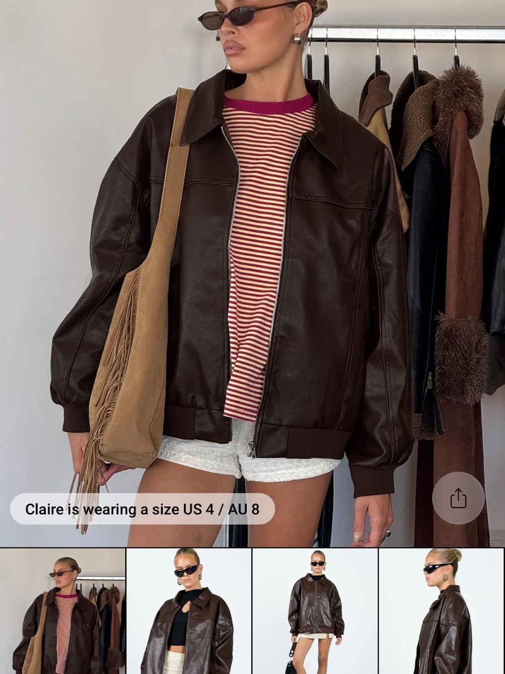 Princess Polly Dark Brown Leather Bomber Jacket